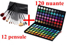 Trusa machiaj profesionala 120 culori nr.1 trusa farduri neutre mate sidefate make-up makeup+ 12 pensule machiaj + borseta foto