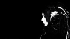 TABLOU MODERN CANVAS ALB NEGRU STUDIO GIRL MUSIC HEADPHONES ASCULTA CASTI foto