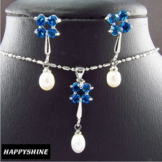 Set de bijuterii placat aur alb 18k,perle,cristale Blue Saphhire foto