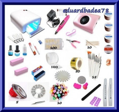 KIT M1 LAMPA UV 36W+PILA ELECTRICA+ASPIRATOR +3 gel UV +cover topcoat primer benzi decor batoane fimo strasuri stampila 15 pensule sabloane servetele foto