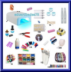 Kit M3 -Lampa UV 36w+3 Gel UV 12 geluri colorate topcoat cleanser primer 15 pensule benzi deor catifea batoane fimo strasuri foto