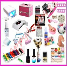 Kit manichiura lampa uv pila electrica aspirator praf geanta cosmetica set unghii false primer geluri color vopsea acrilica top coat foto