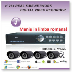 Kit Supraveghere Video cu 4 camere de metal pentru exterior DVR limba romana cu internet full D1 + alimentare, suporti foto