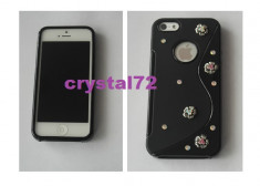 Livrare gratuita in Romania! Husa termorezistenta silicon-gel TPU Black Flower Diamonds pentru iPhone 5 / iPhone 5S + folie ecran + laveta, calitate foto