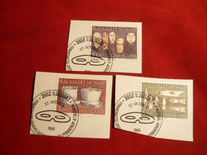 Serie Artizanat local III -1988 ,3 val. stamp.fragm.Groenlanda dependenta de Danemarca