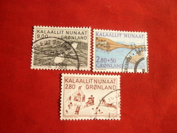 Set Pictura 1985-1987 ,1+1+1 val. stamp.,Groenlanda dependenta de Danemarca