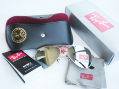 Aviator Ochelari Soare. Ray Ban 1:1. Lentile Oglinda. Rama Argintie. Cutie cadou. Toc. Servetel Textil Cadou. 5x5.7x13 foto