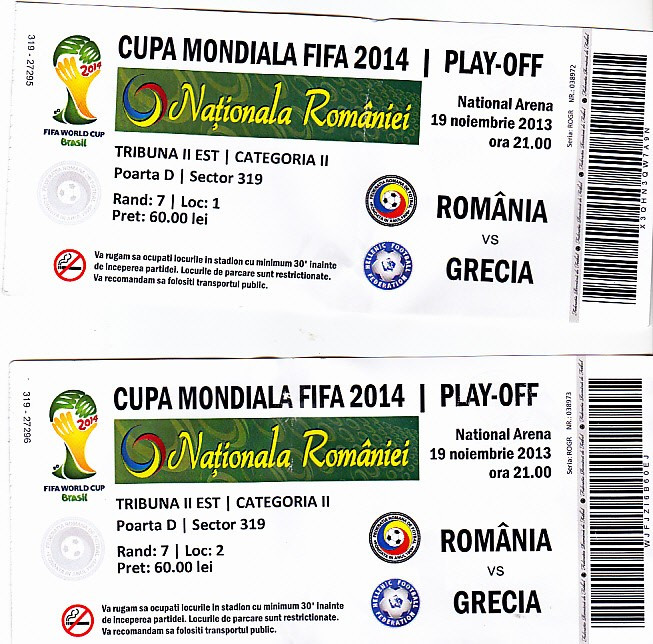 Pentru colectionari, bilet meci Romania - Grecia, baraj 19 noiembrie 2013
