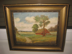 Peisaj rural cu casuta, tablou vechi ulei pe carton semnat H.E.K cu rama din lemn. foto