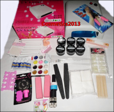 KIT UNGHII FALSE - UNGHII FALSE,LAMPA UV 36W,PILA ELECTRICA,GELURI UV,TOPCOAT,PRIMER,VOPSEA ACRYL,DEGRESANT,TIPSURI,FIMO,SABLOANE ,SCLIPICI foto