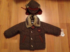 SUPERBA !!! Haina / Jacheta / Palton din lana cu guler din blana,ptr copii 86 cm,in set cu caciula cu urechi, NOI cu ETICHETA !!! foto