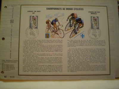 FRANTA - CAMPIONATUL MONDIAL DE CICLISM 1972 - BLOCK SPECIAL CU POZE IN CENTRU SI STAMPILE UNICAT CU POZA TIMBRULUI SI DATA . foto