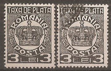 TIMBRE 97b, ROMANIA, 1932/8, TAXA DE PLATA COROANA, 3 LEI, EROARE, FRACTURA - LINIE ALBA - IN DREPTUL OREI 10, DE LA CENTRUL COROANEI LA MARGINE, ECV foto