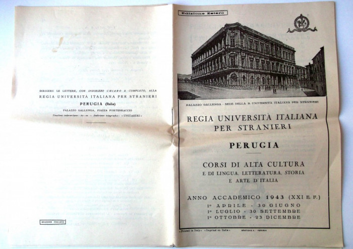 PROGRAMA CURSURI CULTURA LIMBA ISTORIE ARTE ITALIA UNIVERSITATEA REGIA 1943 **