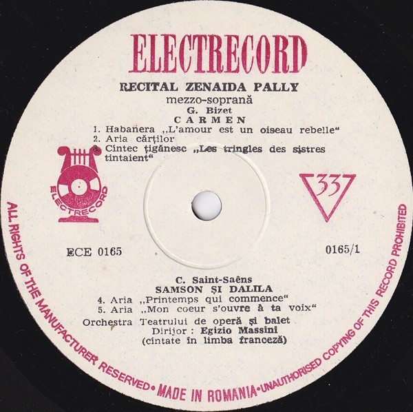 Bizet_Saint-Saens_Donizetti_Verdi_Massenet_Zenaida Pally - Arii Din Opere_Carmen_Samson Si Dalila_Favorita_Bal Mascat_Werther (Vinyl)