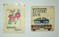 LOT 2 produse comuniste : Servetel parfumat impregnat cu apa de colonie + Hartie pt sters ochelari PECO; comunist, vintage, parfum vechi romanesc foto