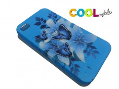 SET - Husa silicon albastra - Iphone 4S - Blue Serenity cu cu flori si fluturi + Folie Protectie - TRANSPORT GRATUIT! foto