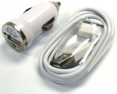 Incarcator auto + Cablu USB Apple iPhone 3G 3GS 4 4S iPod Touch Nano White foto
