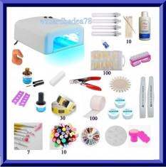 KIT M 6- LAMPA UV 36w+7 pensule, topcoat primer tipsuri servetele gel uv strasuri stampila + TRANSPORT GRATUIT POSTA foto