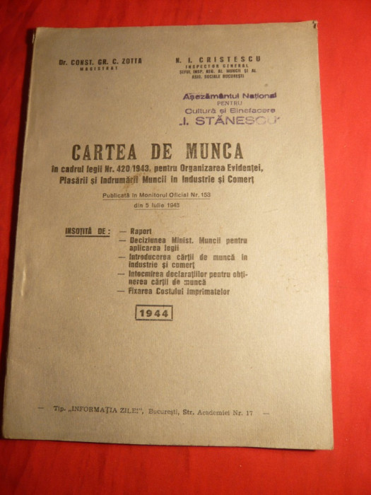 C.Gr.Zotta si N.Cristescu - Cartea de Munca - Ed. 1944