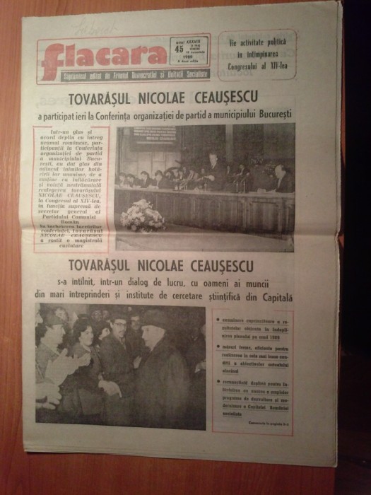 flacara 10 noiembrie 1989-ceausescu la conferinta organizatiei de partid