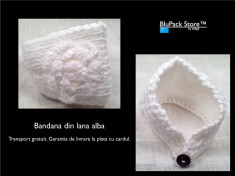 Banta Bentita Bandana din lana crosetata culoare alb model cu floare de dama protectie frig iarna urechi cap foto