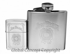 SET CADOU BRICHETA ZIPPO EDITIE JIM BEAM ARGINTIU MATUIT SATIN + STICLA BAUTURA BUZUNAR JIM BEAM CROMAT foto