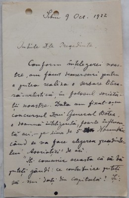 Scrisoare Constanta Hodos catre Corneliu Moldovanu, Presedintele SSR, 1922 foto