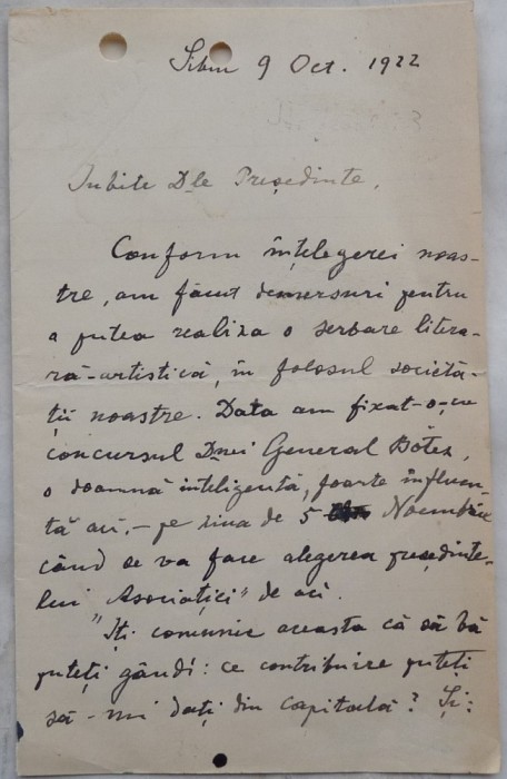 Scrisoare Constanta Hodos catre Corneliu Moldovanu, Presedintele SSR, 1922