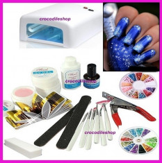 Kit manichiura set unghii false gel uv topcoat pensula cleste ghilotina foto