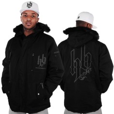 Geaca lunga hip hop Hoodboyz neagra cu gluga si blanita foto