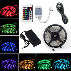 Kit banda RGB cu 300 leduri SMD 5050, rola 5 metri, ip20 non-waterproof, nerezistent la apa, + adaptor 220V + telecomanda 24 butoane + controler LED foto