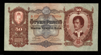 UNGARIA BANCNOTA DE 50 PENGO 1932 A CIRCULAT IN TRANSILVANIA PETOFI SANDOR UNC foto