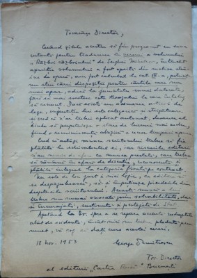 Scrisoare olografa a scriitorului George Dumitrescu, 1953 foto