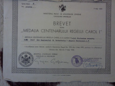 Brevet - Medalia Centenarului Regelui Carol I - 9 mai 1939 foto