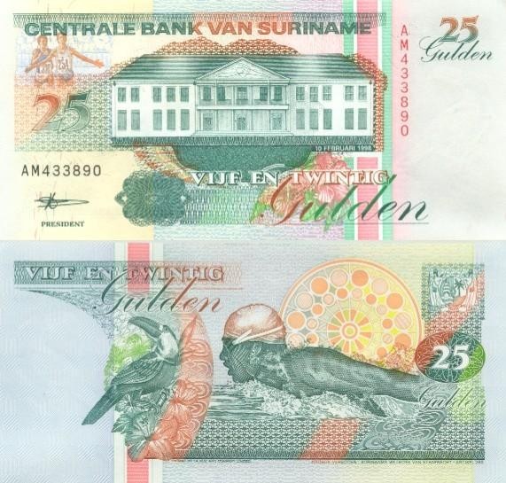 thumbnail interactive-video image 1 of Suriname 25 Gulden Banknote – 1998, UNC, P-138d – 5 Consecutive PCS Lot 1 of 5