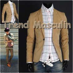 Sacou Blazer Barbati Casual Cambrat Slim Bej Un Nasture foto