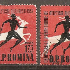 TIMBRE 94, ROMANIA, 1957, CAMPIONATELE DE ATLETISM, VARIETATE , 1,75 LEI, CULOARE DEPLASATA DR - ST, STAMPILATE, VARIETATI EXTREME, EROARE, ERORI.