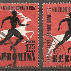 TIMBRE 93, ROMANIA, 1957, CAMPIONATELE DE ATLETISM, VARIETATE, 1,75 LEI, CULOARE DEPLASATA SUS - JOS, STAMPILATE, VARIETATI EXTREME, EROARE, ERORI