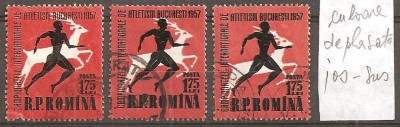 TIMBRE 93, ROMANIA, 1957, CAMPIONATELE DE ATLETISM, VARIETATE, 1,75 LEI, CULOARE DEPLASATA SUS - JOS, STAMPILATE, VARIETATI EXTREME, EROARE, ERORI foto