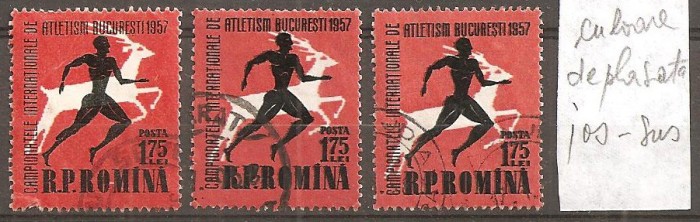 TIMBRE 93, ROMANIA, 1957, CAMPIONATELE DE ATLETISM, VARIETATE, 1,75 LEI, CULOARE DEPLASATA SUS - JOS, STAMPILATE, VARIETATI EXTREME, EROARE, ERORI