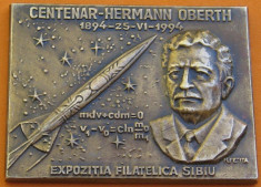 placheta bronz Expozitia filatelica,Centenar Hermann Oberth (rachete,astronautica) Sibiu,1994 foto