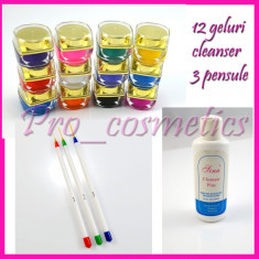 Gel uv unghii false 12 geluri colorate + Cleanser Degresant + 3 pensule pictura foto