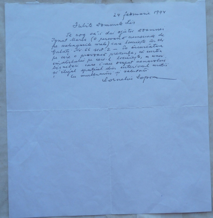 Scrisoare a lui Corneliu Coposu catre Viorel Lis , primarul Bucurestiului , 1994