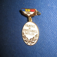 Insigna socialista RSR: Fruntas in gospodarirea satelor, metal emailat, 4/2 cm.