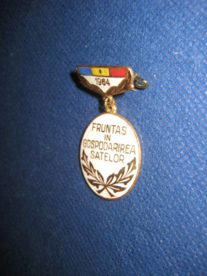 Insigna socialista RSR: Fruntas in gospodarirea satelor, metal emailat, 4/2 cm. foto