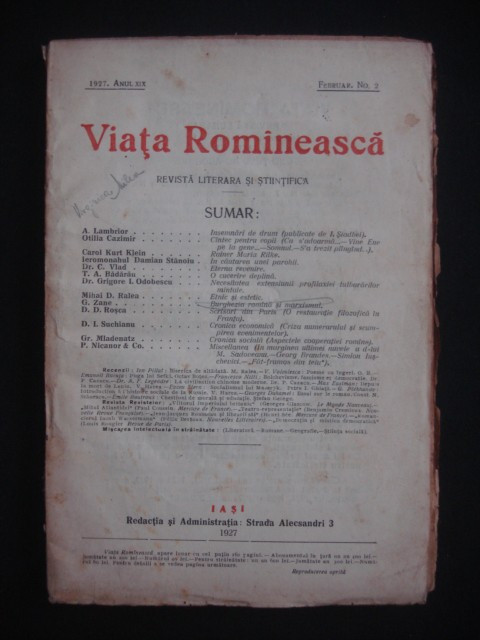 REVISTA VIATA ROMANEASCA - REVISTA LITERARA SI STIINTIFICA - AUGUST, SEPTEMBRE NO 8, 9 - 1927 ANUL XIX
