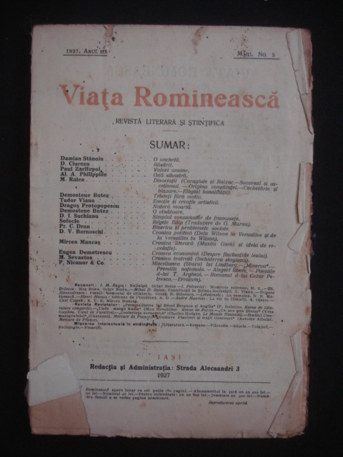 REVISTA VIATA ROMANEASCA - REVISTA LITERARA SI STIINTIFICA - MAIU NO 5 - 1927 ANUL XIX
