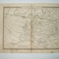 Harta Gravura color Izoterme in Europa 1853