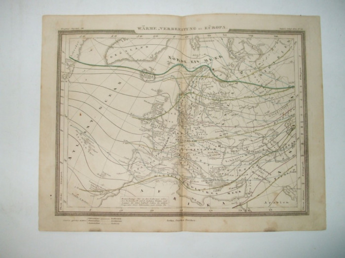Harta Gravura color Izoterme in Europa 1853